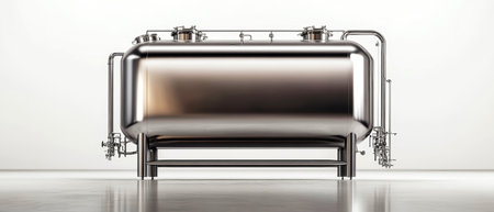 Large stainless steel tank reflects cutting-edge design and functionality, surrounded by intricate equipment and pipes, perfect for beverage production environments.の素材
