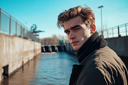 At a sewage treatment plant, a young man stands by the water, observing the flowing currents under a clear blue sky, reflecting summer's warmth.の素材