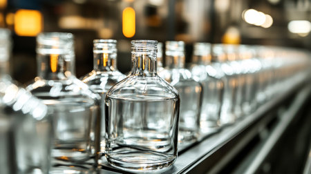 Sleek vodka bottles elegantly move along the production line, highlighting craftsmanship and industrial precision in a rustic distillery environment.の素材