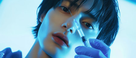 A person in blue gloves skillfully fills a syringe with liquid in a vivid blue space, showing the precision and artistry of medical procedures.の素材