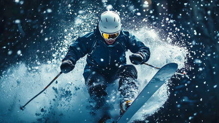 A skilled skier expertly navigates a snowy slope, sending up a whirlwind of powder against a dark backdrop. The moment captures raw energy and precision at high speed.の素材