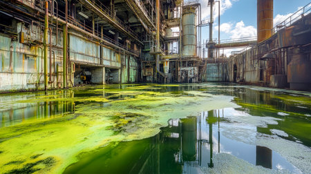 Rusting machinery looms over stagnant waters covered in striking green algae, showcasing the remnants of a once-thriving industrial site now in decay.の素材