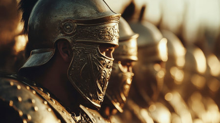 Under the warm hues of sunset, Roman legionaries stand in tight formation, their polished armor reflecting light, embodied disciplined strength and historic valor.の素材