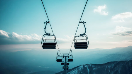 A gondola lift transports skiers through a winter wonderland, surrounded by majestic snowy mountains, offering breathtaking views from above.の素材