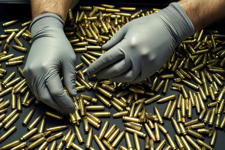 Wearing gray gloves, a focused worker meticulously places bullets into a container, surrounded by scattered rifle cartridges on a sleek black surface.の素材