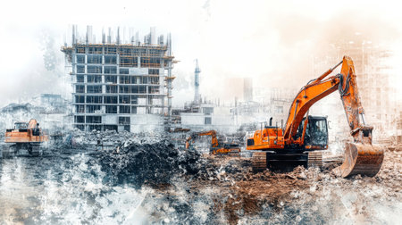 Excavators and trucks actively reshape the urban landscape amidst buildings rising in the background. The contrasting colors highlight the blend of destruction and creation.の素材
