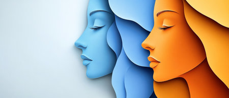 Three abstract female faces in a paper cut style showcase a blend of vivid blue and warm orange tones, creating a striking visual with geometric simplicity and detail.の素材