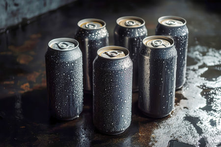 Empty aluminum cans sit together, covered in shimmering water droplets. Soft shadows highlight their smooth surfaces, creating a rustic and artistic appeal.の素材