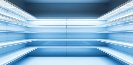 Shelves inside a cold storage room remain completely empty, emphasizing the serene blue ambiance created by front lighting and a cool atmosphere.の素材