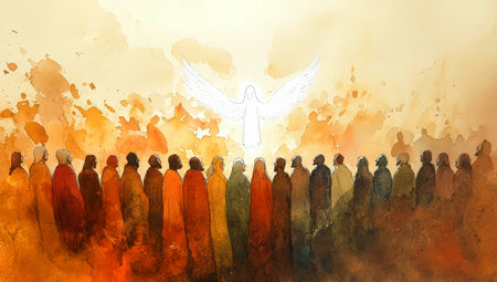 A mystical white flame hovers above a gathering of people in ancient robes, bathed in warm beige and soft orange tones, capturing a moment of divine connection.の素材