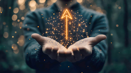 A businessman confidently holds a digital arrow symbolizing upward growth, set against a high-tech network backdrop that reflects business potential and connectivity.の素材