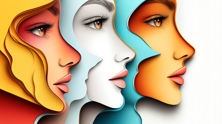 Three stunning female profiles are intricately designed in a paper cutout style, highlighting diverse beauty with vibrant colors.の素材