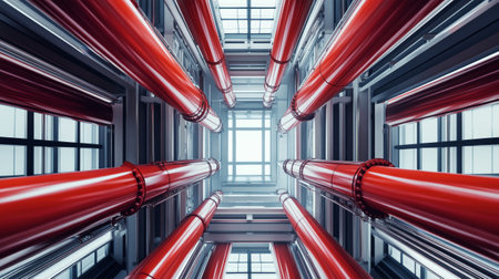 View from below captures the striking contrast of red air hoses against a modern industrial ceiling filled with silver beams and glass. The atmosphere blends strength with comfort.の素材