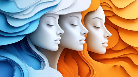 This artwork showcases three beautiful female faces closed with eyes, crafted in an abstract paper cut style. The vibrant colors and geometric shapes create a calming effect.の素材