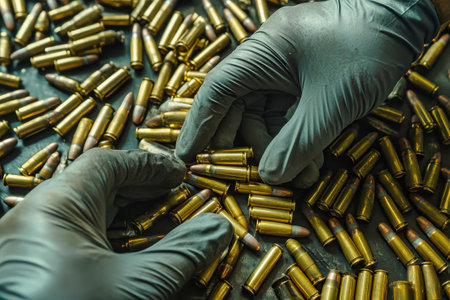 Hands in gray gloves delicately handle rifle cartridges, showcasing a careful and skilled assembly process against a backdrop of scattered ammunition on a glossy floor.の素材