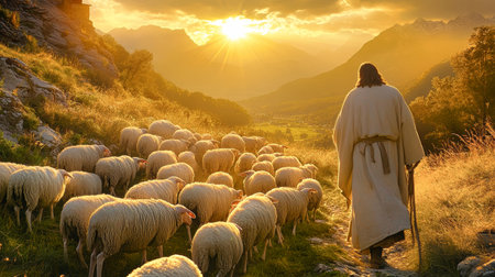 Walking softly in a beautiful valley, Jesus tenderly leads his flock of sheep as the warm rays of the setting sun illuminate the landscape.の素材