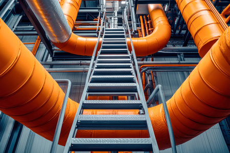 A metal ladder ascends amidst a maze of sleek orange pipes, showing the complex architecture of an industrial plant where power generation occurs.の素材
