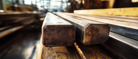 Hexagonal steel bars dominate the foreground, their smooth surfaces reflecting bright natural light in a rustic factory environment, highlighting the industrial charm.の素材