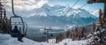Sitting on a ski lift, one can admire the majestic snow-capped mountain peaks and pristine valleys below, capturing the essence of winter's beauty in this serene landscape.の素材
