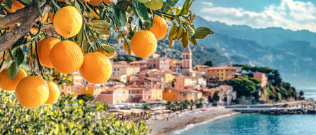 Vibrant oranges contrast with lemon trees as they overlook Mentona's cheerful buildings and a sunny beach, framed by serene mountains.の素材