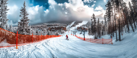 Amidst swirling snowflakes, a skier descends a snowy slope while a ski lift carries others aloft. The landscape features a backdrop of towering trees and resort buildings.の素材