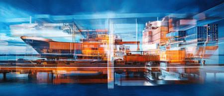 This vibrant digital collage illustrates the movement of cargo through diverse transportation modes.の素材