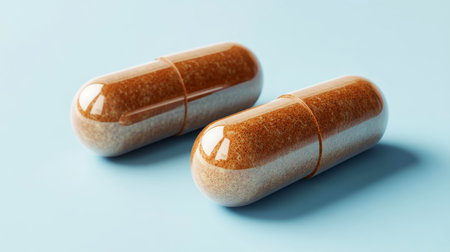 Two shiny multivitamin capsules rest elegantly on a pastel blue surface. Their realistic design highlights texture and color, creating a tranquil and modern composition.の素材