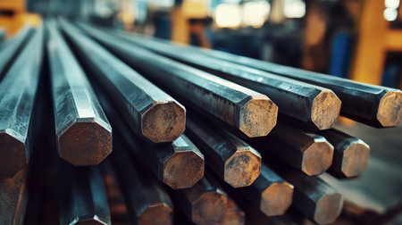 Sleek and shiny hexagonal rods line a factory floor, reflecting overhead light. The arrangement highlights the industrial charm and craftsmanship in steel production.の素材