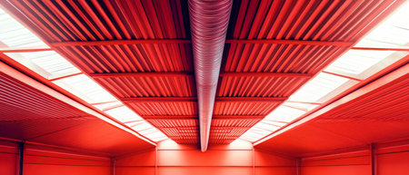 Bold red metal beams and shiny silver ducting create an energetic atmosphere in a large commercial building, blending functionality and striking design.の素材