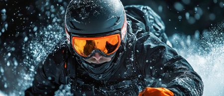 An exhilarating moment captures a skier in full motion, showing vibrant orange goggles and detailed gloves while navigating through fresh powder.の素材