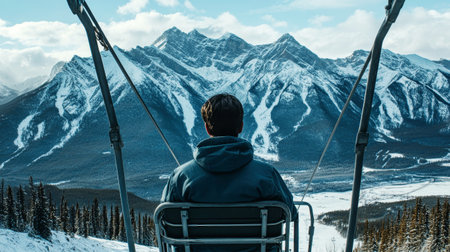 Seated on a ski lift, a breathtaking view of majestic snow-capped mountains unfolds in the distance. The serene landscape invites adventure and exploration.の素材
