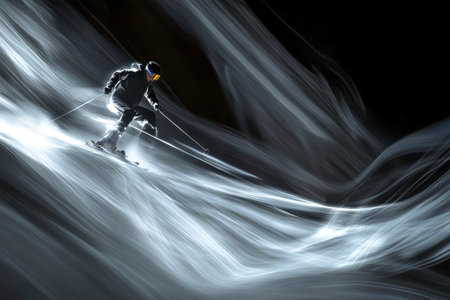 A skier glides expertly down a mountain slope, surrounded by ethereal trails of light. Motion blur enhances the sense of speed against a dramatic dark backdrop.の素材
