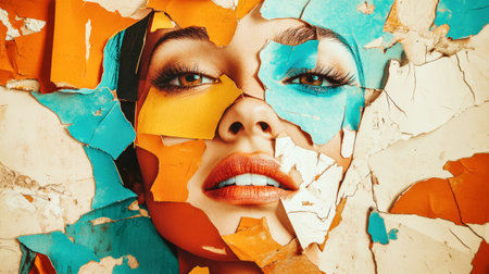 Vibrant paper cutouts form a striking abstract portrait of a woman, merging shades of orange and turquoise against a rustic wall, showcasing creative artistry.の素材