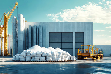 Large bags of white sand stacked on pallets are positioned in front of an industrial building, with cranes and yellow equipment enhancing the working atmosphere.の素材
