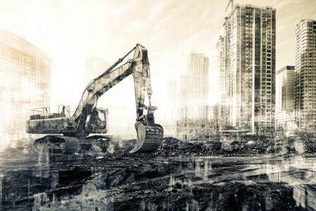 Collage features diverse construction equipment like excavators and trucks operating in urban spaces, highlighting dynamic development.の素材