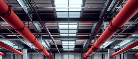 Red steel beams with metal air conditioning pipes create a striking contrast in a clean, industrial-style warehouse space, showing a modern aesthetic and functionality.の素材