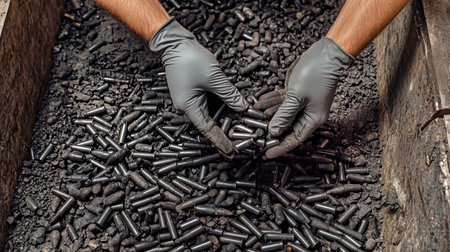 Hands clad in gray gloves reach down to collect scattered black 6.5mm bullets from a rustic ammunition depot filled with diverse artifacts.の素材