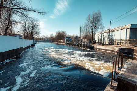 At a sewage treatment facility, clear water flows smoothly past control and cleaning equipment under a bright blue sky, surrounded by trees and rustic architecture.の素材