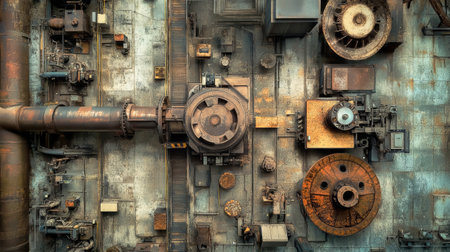 This aerial view reveals a complex industrial factory, featuring an array of machines, rusty pipes, and concrete walls.の素材