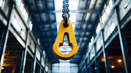 A yellow crane hook hangs from the ceiling of a modern warehouse, showcasing industrial elegance surrounded by gray steel beams and subdued tones.の素材