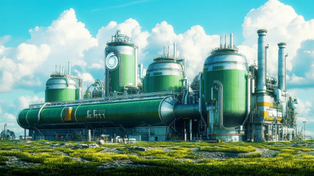 Amid a vibrant green landscape, the sleek industrial plant boasts large green tanks and intricate piping beneath a bright blue sky, highlighting modern engineering.の素材