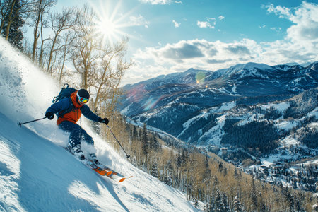 Professional skier navigates a stunning snow-covered terrain, showcasing skill and speed against a backdrop of majestic mountains on a sunny winter day.の素材