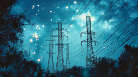 Steel towers reach towards a vibrant blue sky, silhouetted against delicate wisps of white lines. This striking view emphasizes the fusion of nature and technology.の素材