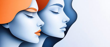 Three abstract female faces blend geometric shapes in vibrant blue and orange on a white background, capturing artistic expression and creativity.の素材