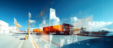 Vivid elements of cargo logistics come together with a truck, train, ship, and airplane in motion, creating an energetic depiction of global freight transport.の素材