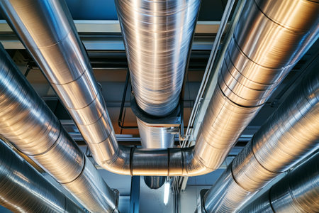A detailed view reveals the polished surfaces of ventilation pipes and chimneys, capturing the industrial charm and engineering excellence above the factory floor.の素材