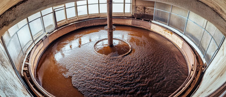 This large circular structure features a high-tech sludge removal dryer with a glass lid and metal mesh, showing advanced wastewater treatment processes.の素材