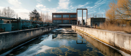 Flowing water in tanks reflects an industrial aesthetic, featuring microfilm removal purifiers and rustic elements under a clear blue sky.の素材