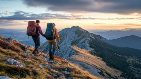 Two hikers support each other as they reach the summit of a mountain, surrounded by stunning vistas and the warm glow of a sunset, capturing a moment of adventure.の素材