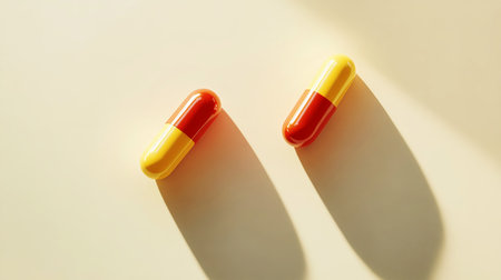 Bright red and yellow capsules sit neatly on a soft backdrop, inviting thoughts of wellness and vitality while creating a clean, crisp atmosphere for health concepts.の素材